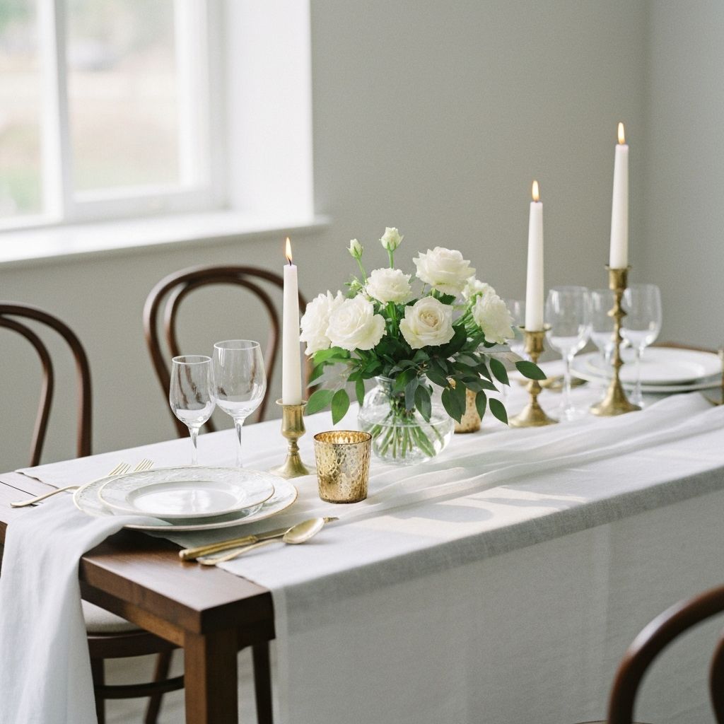 Elegant bordsdukning med blommor och mässing
