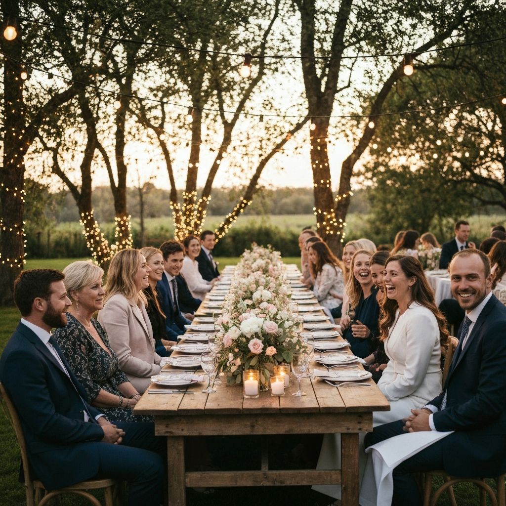 Romantisk utomhusreception med ljusslingor